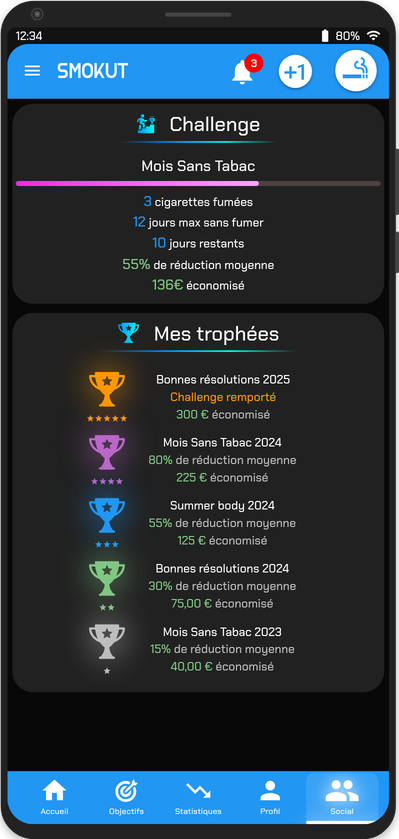 Impression d'écran des challenges
